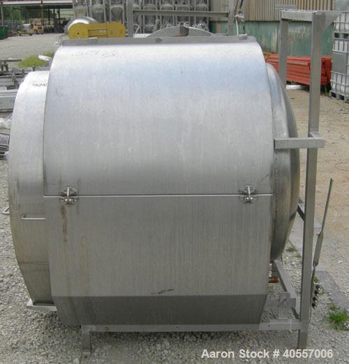 Used Coating drum, horizontal, 304 stainless steel. 38" diameter x 43" long, 24" feed opening, end discharge with removable hood. (6) Internal baffles. Driven by a 1/2 hp, 3/60/575 volt, 1725 rpm gea...