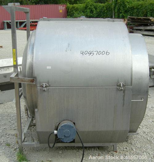 Used Coating drum, horizontal, 304 stainless steel. 38" diameter x 43" long, 24" feed opening, end discharge with removable hood. (6) Internal baffles. Driven by a 1/2 hp, 3/60/575 volt, 1725 rpm gea...