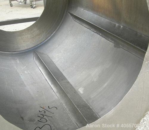 Used Coating drum, horizontal, 304 stainless steel. 38" diameter x 43" long, 24" feed opening, end discharge with removable hood. (6) Internal baffles. Driven by a 1/2 hp, 3/60/575 volt, 1725 rpm gea...