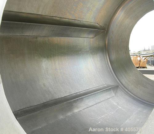 Used Coating drum, horizontal, 304 stainless steel. 38" diameter x 43" long, 24" feed opening, end discharge with removable hood. (6) Internal baffles. Driven by a 1/2 hp, 3/60/575 volt, 1725 rpm gea...
