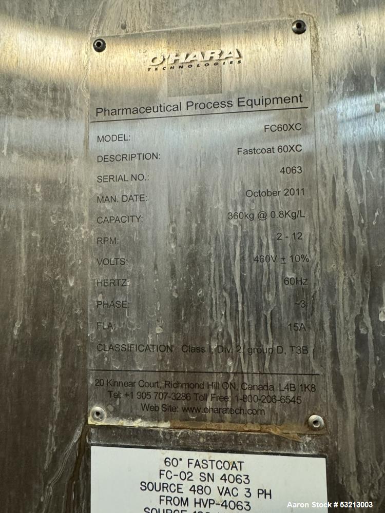 Used O’Hara 60" FC60XC High-Capacity Automatic Tablet Coater | 360 kg Batch System with AHU & Blower