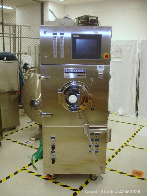 Used O'Hara LABCOAT Coating Pan, Model LCI, Stainless Steel. Change pan design with 11" perforated pan, 1.5 kg capacity, 3-30 rpm pan speed, aqueous operation with Xycom PLC controls with spray gun, ...