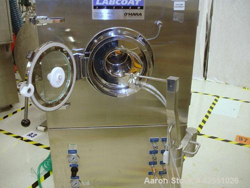 Used O'Hara LABCOAT Coating Pan, Model LCI, Stainless Steel. Change pan design with 11" perforated pan, 1.5 kg capacity, 3-30 rpm pan speed, aqueous operation with Xycom PLC controls with spray gun, ...