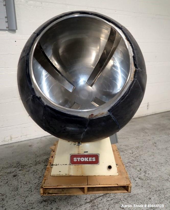 Used Stokes 42" Coating Pan, Model 100VS, Stainless Steel Construction. 42" Inner diameter, 26" diameter opening, 37" lip height. Driven by 1.5 hp, 208-230/460 volt motor. Mounted on base.