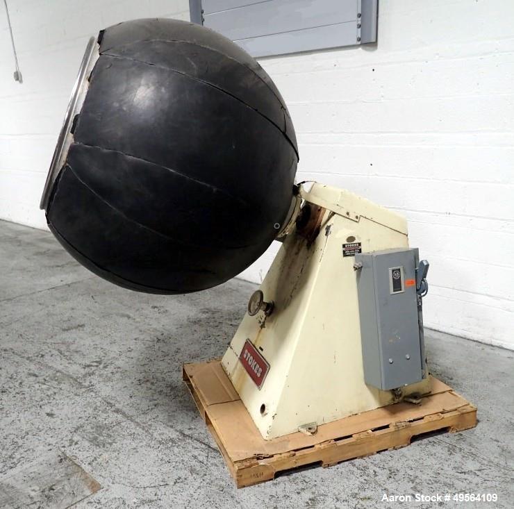 Used Stokes 42" Coating Pan, Model 100VS, Stainless Steel Construction. 42" Inner diameter, 26" diameter opening, 37" lip height. Driven by 1.5 hp, 208-230/460 volt motor. Mounted on base.