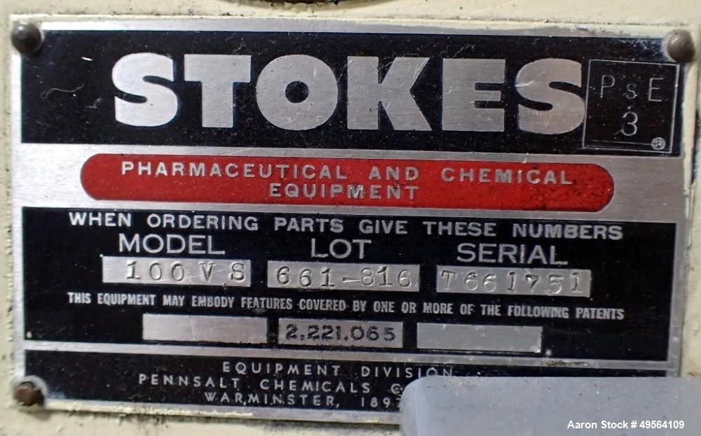 Used Stokes 42" Coating Pan, Model 100VS, Stainless Steel Construction. 42" Inner diameter, 26" diameter opening, 37" lip height. Driven by 1.5 hp, 208-230/460 volt motor. Mounted on base.
