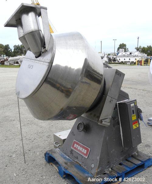 Used Stokes Multi-Purpose Coating Pan, Model 900-1-8, 304 Stainless Steel. Hexagonal-shaped coating pan, approximate 42’’ diameter x 32’’ deep, 10,000 cubic inch (290 pound) volume. 26-3/4’’ Diameter...