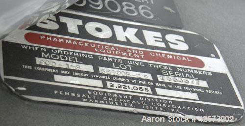 Used Stokes Multi-Purpose Coating Pan, Model 900-1-8, 304 Stainless Steel. Hexagonal-shaped coating pan, approximate 42’’ diameter x 32’’ deep, 10,000 cubic inch (290 pound) volume. 26-3/4’’ Diameter...