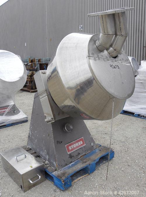 Used Stokes Multi-Purpose Coating Pan, Model 900-300-001, 304 Stainless Steel. Hexagonal-shaped coating pan, approximate 42’’ diameter x 32’’ deep, 10,000 cubic inch (290 pound) volume. 26-3/4’’ Diam...