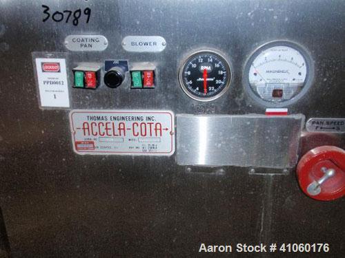 Used Thomas Engineering Accela Cota, 24" Diameter, Model 24 MK II, Stainless Steel. Perforated pan, with spray guns and Thomas Engineering air handling unit, type AHU-24, serial #196, on unitized bas...