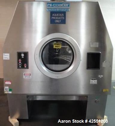 Used Vector Freund Hi Coater coating pan, model HC-150, 1500mm (59") pan diameter, stainless steel construction, perforated pan, with spray guns, Marlo air handling unit, steam heated, 7.5 hp, 230/46...