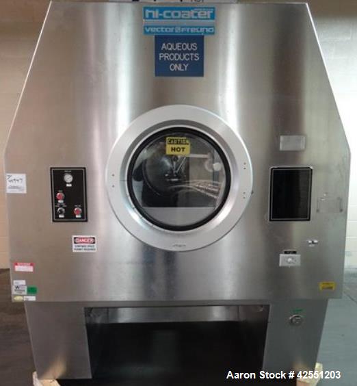 Used Vector Freund Hi Coater coating pan, model HC-150, 1500mm (59") pan diameter, stainless steel construction, perforated pan, with spray guns, Marlo air handling unit, steam heated, 7.5 hp, 230/46...