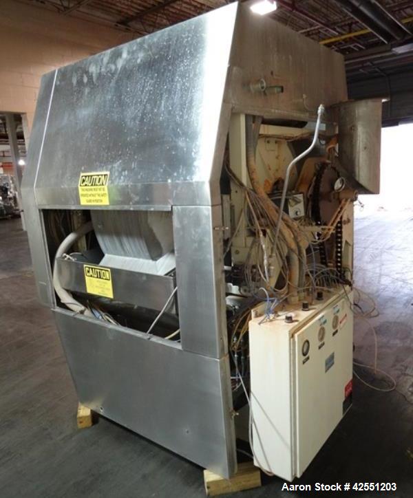 Used Vector Freund Hi Coater coating pan, model HC-150, 1500mm (59") pan diameter, stainless steel construction, perforated pan, with spray guns, Marlo air handling unit, steam heated, 7.5 hp, 230/46...