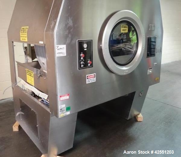 Used Vector Freund Hi Coater coating pan, model HC-150, 1500mm (59") pan diameter, stainless steel construction, perforated pan, with spray guns, Marlo air handling unit, steam heated, 7.5 hp, 230/46...
