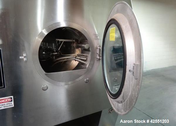 Used Vector Freund Hi Coater coating pan, model HC-150, 1500mm (59") pan diameter, stainless steel construction, perforated pan, with spray guns, Marlo air handling unit, steam heated, 7.5 hp, 230/46...