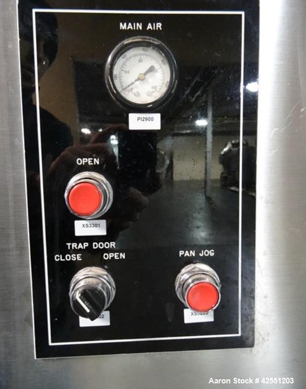 Used Vector Freund Hi Coater coating pan, model HC-150, 1500mm (59") pan diameter, stainless steel construction, perforated pan, with spray guns, Marlo air handling unit, steam heated, 7.5 hp, 230/46...
