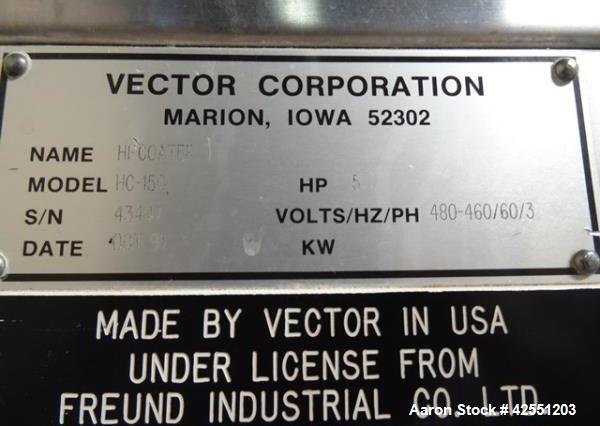 Used Vector Freund Hi Coater coating pan, model HC-150, 1500mm (59") pan diameter, stainless steel construction, perforated pan, with spray guns, Marlo air handling unit, steam heated, 7.5 hp, 230/46...
