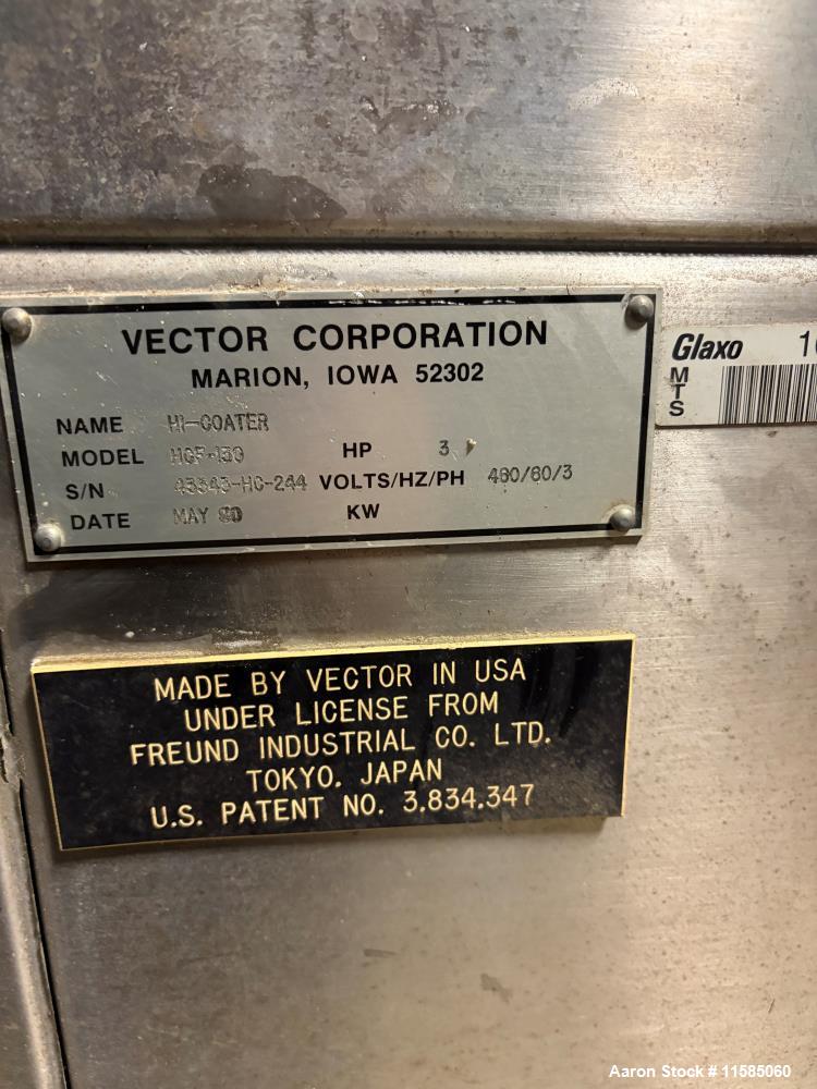 Used Vector HCF-130 Hi Coater Tablet Coater – 52" Drum, Stainless, Digital Controls, Spray Bar