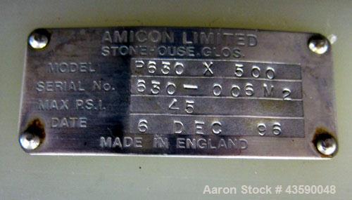 Used Amicon Biochromatography Process Column, Model P-630X500. Approximate adjustable capacity 16-56 liters(4.2-14.7 gallons). Acrylic tube approximate 630mm(24.8”) x 500mm(19.6”) deep, rated 3.1 bar...