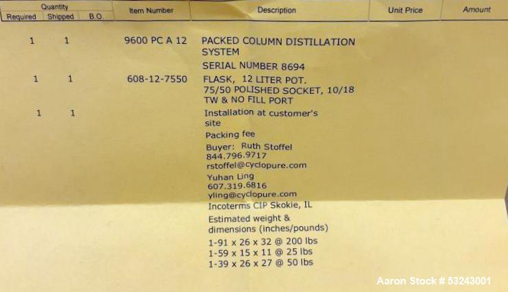 Unused- B/R Instrument Packed Column Distillation System, Model B/R 9600.