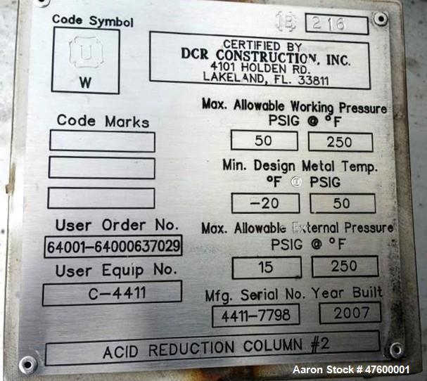 Used DCR Construction Acid Reduction Column – 304 Stainless Steel, 49’ Height, 50 PSI