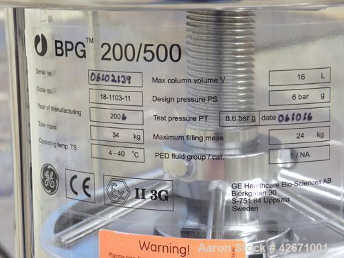 Used GE Healthcare Life Sciences Glass Chromatography Column, Model BPG 200/500, Code# 18-1103-11. (1) Vertical glass column 200mm (7.87) diameter x 500mm (19.6) tall, rated 6 bar (87 psi) at 4-40 de...