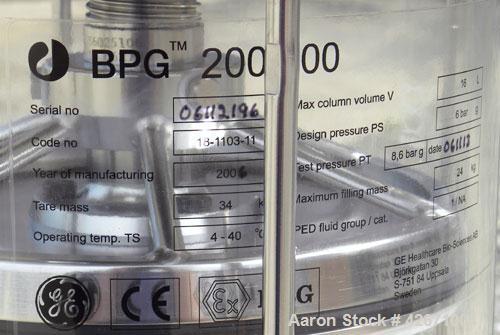 Used GE Healthcare Life Sciences Glass Chromatography Column, Model BPG 200/500, Code# 18-1103-11. (1) Vertical glass column 200mm (7.87’’) diameter x 500mm (19.6’’) tall, rated 6 bar (87 psi) at 4-4...