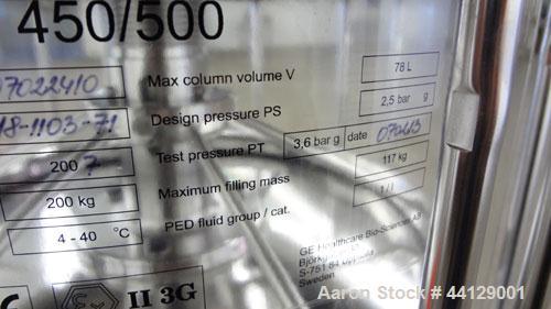 Used GE Healthcare Life Sciences Glass Chromatography Column, Model BPG 450/500, Code #18-1103-71. (1) Vertical glass column 450 mm (17.7’’) diameter x 500 mm (19.6’’) tall, rated 2.5 bar (36.2 psi) ...