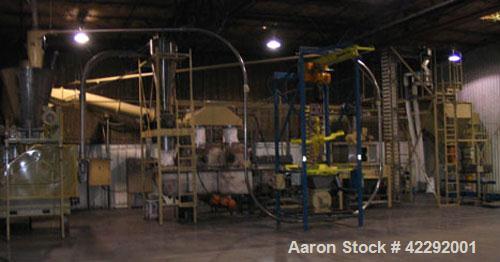 Used Complete Food Grade Extrusion Line, rated 1 ton per hour. Equipment includes: Flexicon hydraulic bulk bag unloader with airlock; single screw 75 hp Conex 5500 extruder; twin screw former that ru...