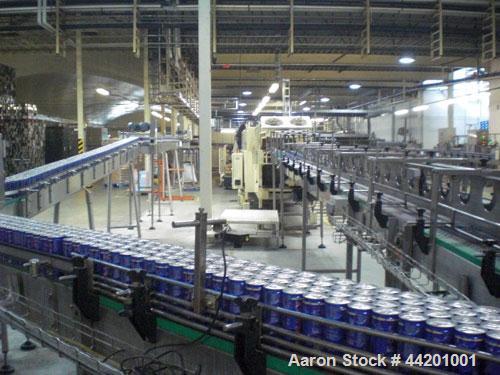 Used Can Filling Line for slim-line cans type 200/202, 150/250 ml.  Capacity 600 cans per minute.  Comprised of:  (1) Kettner depalletizer, (1) Vroemisse can conveyor, (1) Vroemisse rinser, (1) KHS H...