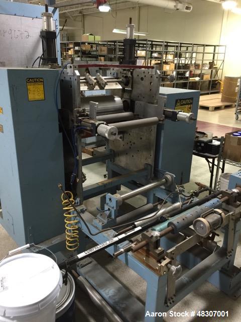 Used Lyons Pilot Coater/Laminator. 15" max coating width, 6" min. 30' oven, 304 SS, two zone, natural gas fired, 18" wide idler rolls. Nip fed three roll reverse roll coating station. Knife over roll...