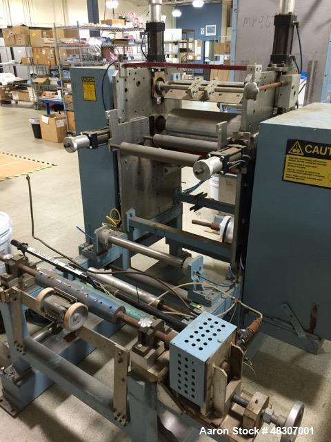Used Lyons Pilot Coater/Laminator. 15" max coating width, 6" min. 30' oven, 304 SS, two zone, natural gas fired, 18" wide idler rolls. Nip fed three roll reverse roll coating station. Knife over roll...