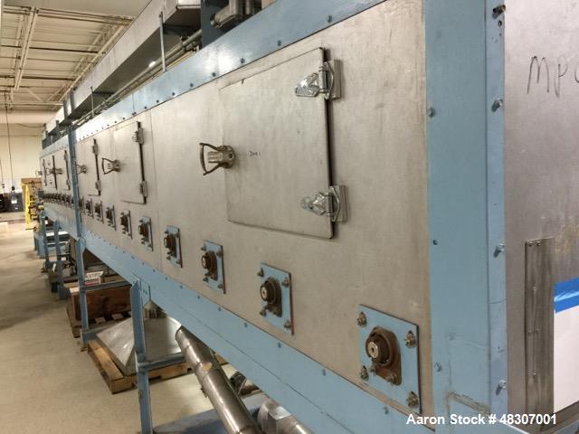 Used Lyons Pilot Coater/Laminator. 15" max coating width, 6" min. 30' oven, 304 SS, two zone, natural gas fired, 18" wide idler rolls. Nip fed three roll reverse roll coating station. Knife over roll...