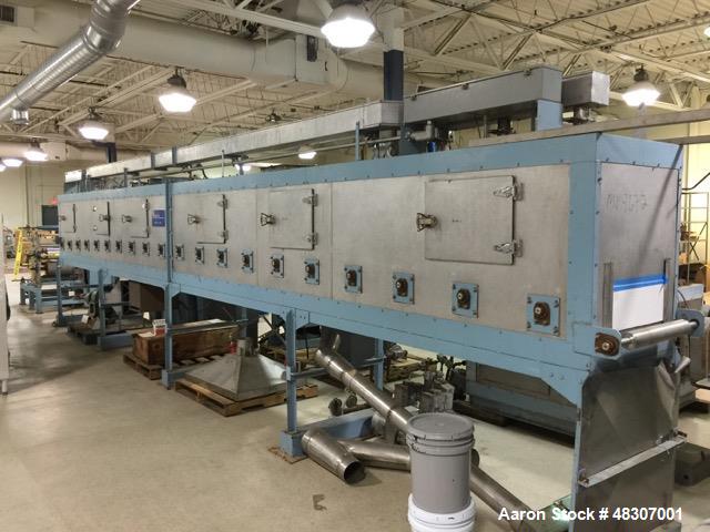Used Lyons Pilot Coater/Laminator. 15" max coating width, 6" min. 30' oven, 304 SS, two zone, natural gas fired, 18" wide idler rolls. Nip fed three roll reverse roll coating station. Knife over roll...