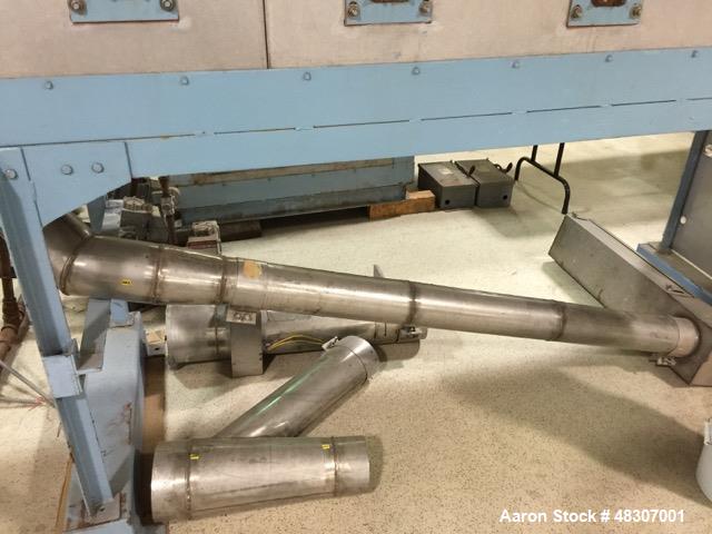 Used Lyons Pilot Coater/Laminator. 15" max coating width, 6" min. 30' oven, 304 SS, two zone, natural gas fired, 18" wide idler rolls. Nip fed three roll reverse roll coating station. Knife over roll...