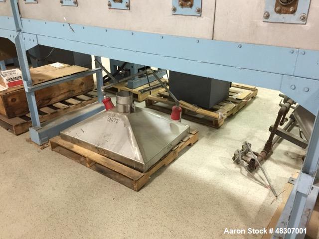 Used Lyons Pilot Coater/Laminator. 15" max coating width, 6" min. 30' oven, 304 SS, two zone, natural gas fired, 18" wide idler rolls. Nip fed three roll reverse roll coating station. Knife over roll...