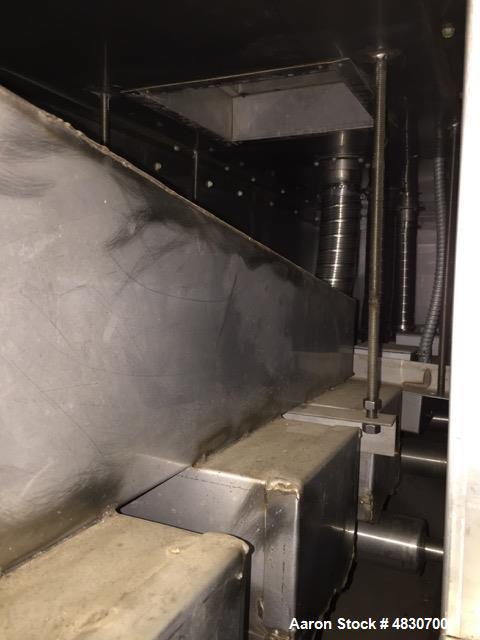 Used Lyons Pilot Coater/Laminator. 15" max coating width, 6" min. 30' oven, 304 SS, two zone, natural gas fired, 18" wide idler rolls. Nip fed three roll reverse roll coating station. Knife over roll...
