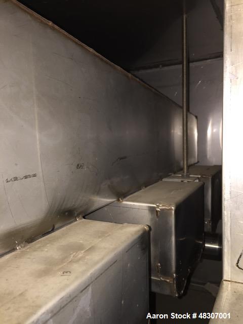 Used Lyons Pilot Coater/Laminator. 15" max coating width, 6" min. 30' oven, 304 SS, two zone, natural gas fired, 18" wide idler rolls. Nip fed three roll reverse roll coating station. Knife over roll...