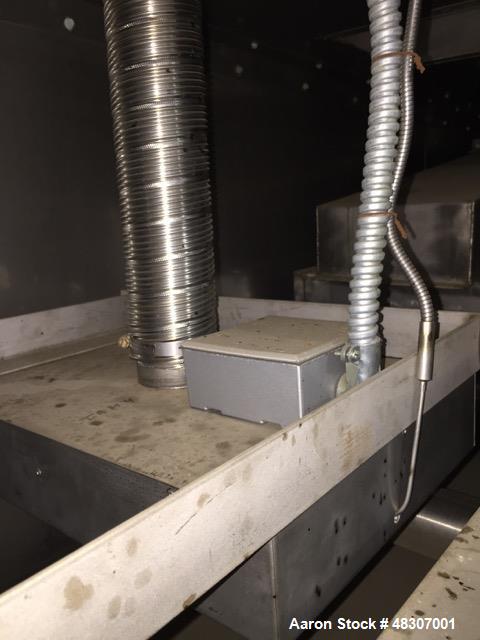 Used Lyons Pilot Coater/Laminator. 15" max coating width, 6" min. 30' oven, 304 SS, two zone, natural gas fired, 18" wide idler rolls. Nip fed three roll reverse roll coating station. Knife over roll...