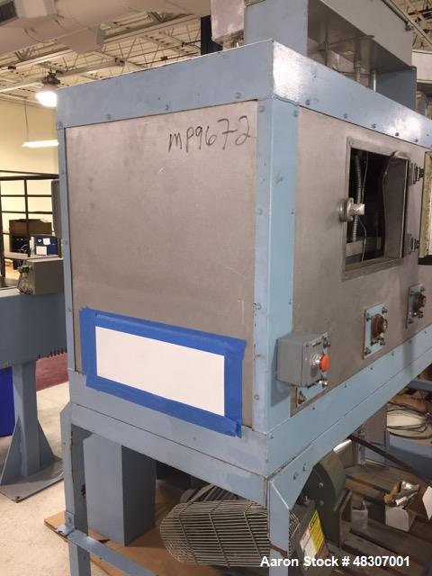 Used Lyons Pilot Coater/Laminator. 15" max coating width, 6" min. 30' oven, 304 SS, two zone, natural gas fired, 18" wide idler rolls. Nip fed three roll reverse roll coating station. Knife over roll...