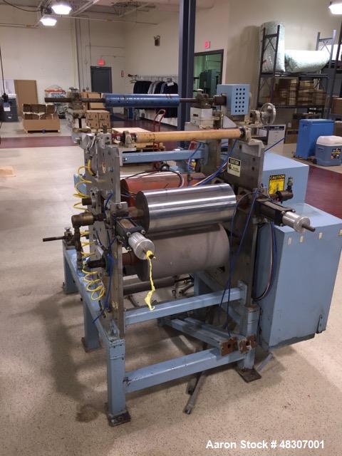Used Lyons Pilot Coater/Laminator. 15" max coating width, 6" min. 30' oven, 304 SS, two zone, natural gas fired, 18" wide idler rolls. Nip fed three roll reverse roll coating station. Knife over roll...