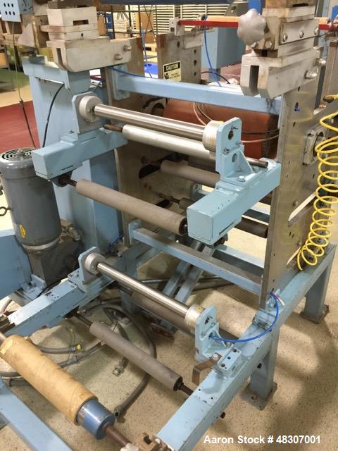 Used Lyons Pilot Coater/Laminator. 15" max coating width, 6" min. 30' oven, 304 SS, two zone, natural gas fired, 18" wide idler rolls. Nip fed three roll reverse roll coating station. Knife over roll...