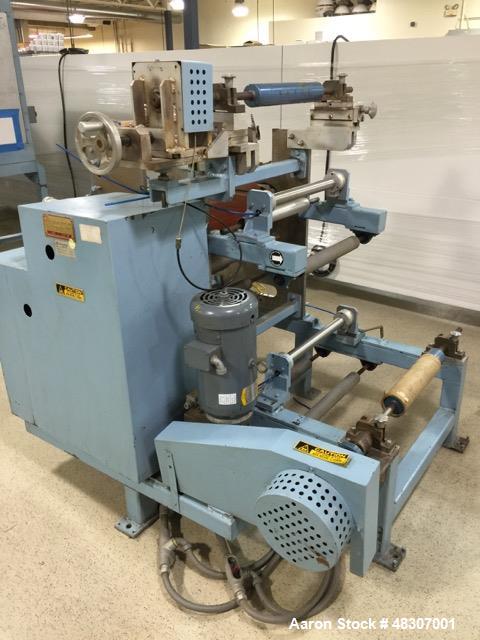 Used Lyons Pilot Coater/Laminator. 15" max coating width, 6" min. 30' oven, 304 SS, two zone, natural gas fired, 18" wide idler rolls. Nip fed three roll reverse roll coating station. Knife over roll...