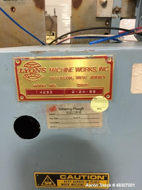 Used Lyons Pilot Coater/Laminator. 15" max coating width, 6" min. 30' oven, 304 SS, two zone, natural gas fired, 18" wide idler rolls. Nip fed three roll reverse roll coating station. Knife over roll...