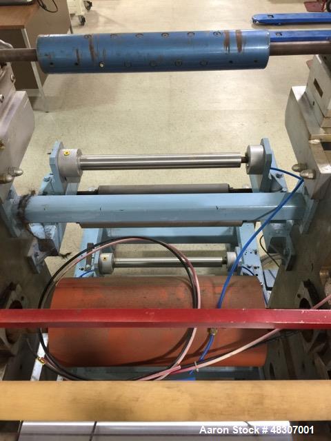 Used Lyons Pilot Coater/Laminator. 15" max coating width, 6" min. 30' oven, 304 SS, two zone, natural gas fired, 18" wide idler rolls. Nip fed three roll reverse roll coating station. Knife over roll...