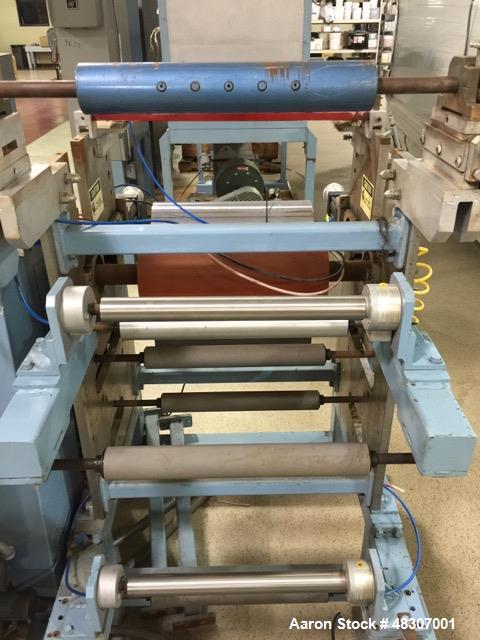 Used Lyons Pilot Coater/Laminator. 15" max coating width, 6" min. 30' oven, 304 SS, two zone, natural gas fired, 18" wide idler rolls. Nip fed three roll reverse roll coating station. Knife over roll...