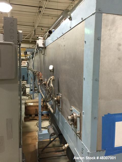 Used Lyons Pilot Coater/Laminator. 15" max coating width, 6" min. 30' oven, 304 SS, two zone, natural gas fired, 18" wide idler rolls. Nip fed three roll reverse roll coating station. Knife over roll...