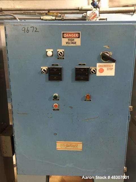 Used Lyons Pilot Coater/Laminator. 15" max coating width, 6" min. 30' oven, 304 SS, two zone, natural gas fired, 18" wide idler rolls. Nip fed three roll reverse roll coating station. Knife over roll...