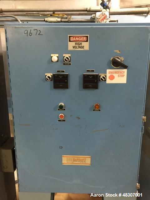 Used- Lyons Pilot Coater/Laminator. 15" max coating width, 6" min. 30' oven, 304 SS, two zone, natural gas fired, 18" wide i...