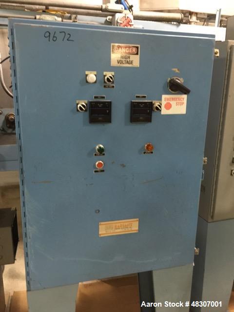 Used Lyons Pilot Coater/Laminator. 15" max coating width, 6" min. 30' oven, 304 SS, two zone, natural gas fired, 18" wide idler rolls. Nip fed three roll reverse roll coating station. Knife over roll...